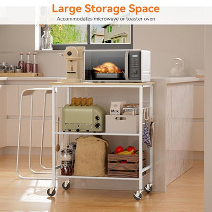 NTE Rolling Kitchen Microwave Cart, 3 Tier Microwave Stand with Storage, Small Kitchen Island on Wheels, Kitchen Storage Cart with 6 Hooks for Kitchen, Coffee Bar, Living Room, Balcony - color: White