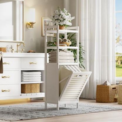 HITNET Bamboo Tilt Out Hamper, 10 Gal Bathroom Laundry Cabinet with Hidden Foldable Basket, Freestanding Clothes Storage Organizer with Storage Shelf, White - color: White