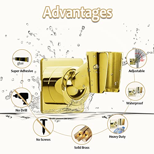 Shower Head Holder Handheld Shower Wand Holder Adjustable Shower Head Bracket Shower Wall Mount Holder, Polished Brass/Gold Finish, Drill Free Glue Installation - color: Polished Gold