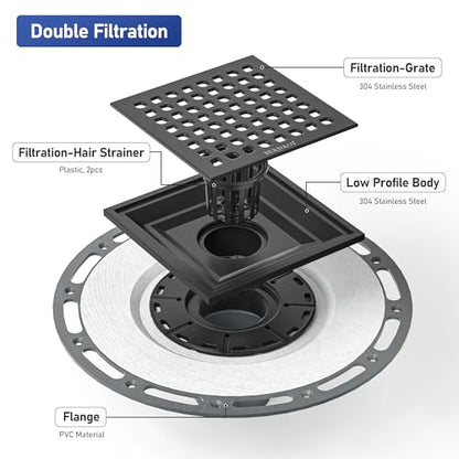Square Shower Drain w/PVC Bonding Flange Base, 6" Matte Black | 304 Stainless Steel Drain w/ Drain Key for Low Profile Shower Tiles, CUPC Certified - color: Black6"