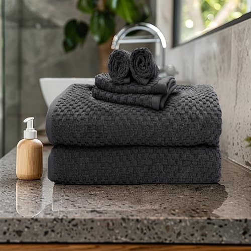 COTTON CRAFT Euro Spa Waffle Weave 6 Piece Towel Set - 100% Cotton - Charcoal - color: Grey, size: 6 Piece Towel Set
