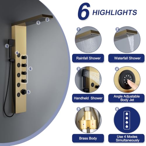 ROVATE 4-in-1 Rainfall Waterfall Shower Panel Tower System, Brushed Gold | Shower Column with Body Massage Jets and Handheld, Stainless Steel High Pressure, Use Multiple Functions Simultaneously - color: Brushed Gold
