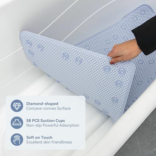 Bathtub Mat Non Slip 36'' X 17'', Soft Foam Bath Mat for Tub, Bathtub Mat with Drain Holes, Suction Cups Shower Mat (Cement Blue, 36''X17'')