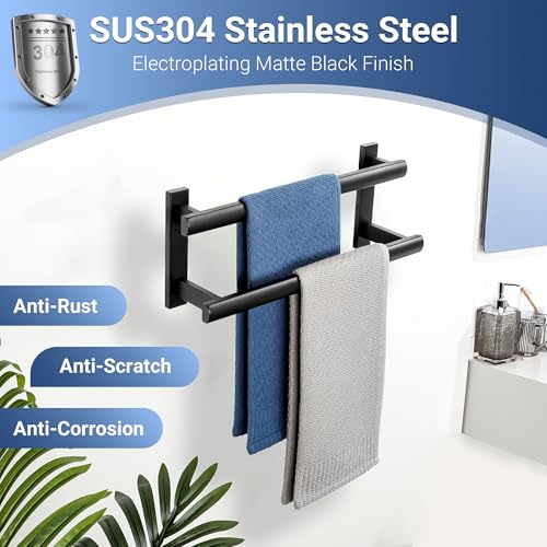 SAYAYO Towel Rack for Bathroom, 16 Inch Matte Black Double Towel Bar Towel Holder Wall Mount, SUS304 Stainless Steel - color: Matte Black, size: 16 Inch