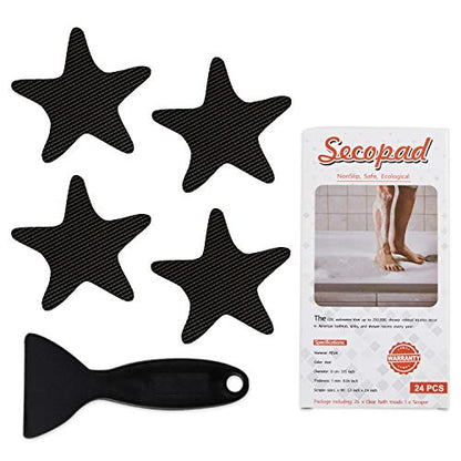 Secopad Star Non Slip Bathtub Stickers with Scraper, 24PCS, Black | Original Large Anti-Slip Treads, Comfortable PEVA Material, Strong Adhesive, Easy to Use, For Bath Tubs, Showers & Stairs - color: Black