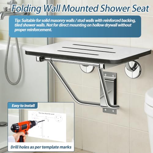 18" Foldable Wall Mounted Fold Down Shower Seat, ADA Compliant Folding Shower Bench with Phenolic Resin Surface No Peeling No Cracking, Triangular Stainless Steel Frame, 420lbs Capacit