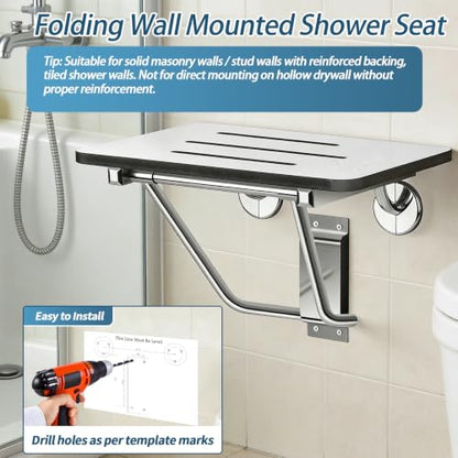 18" Foldable Wall Mounted Fold Down Shower Seat, ADA Compliant Folding Shower Bench with Phenolic Resin Surface No Peeling No Cracking, Triangular Stainless Steel Frame, 420lbs Capacit