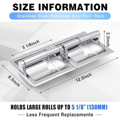 Recessed Toilet Paper Holder, Double Roll Wall Mounted Toilet Tissue Dispenser, 304 Stainless Steel Bathroom Storage Built-in Space Saving for Modern Commercial Restrooms