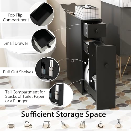 Tangkula Slim Bathroom Cabinet, Free-Standing Storage Cabinet with Slide Out Drawers, Narrow Floor Home Organizer Next to Toilet, Bathroom Toilet Paper Holder, 19 x 6.5 x 23 Inch (Black) - color: Black