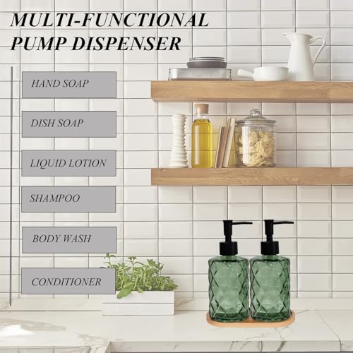 12oz Green Glass Hand and Dish Soap Dispenser Set, Diamond Design, Set of 2 | Bathroom Soap Dispenser with Plastic Pumps, Bamboo Tray for Hand Wash & Dish Wash, for Bathroom Kitchen Countertop - color: Green
