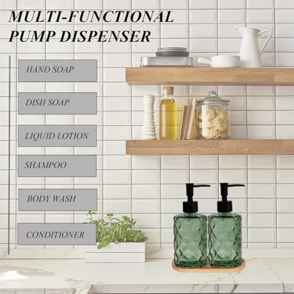 12oz Green Glass Hand and Dish Soap Dispenser Set, Diamond Design, Set of 2 | Bathroom Soap Dispenser with Plastic Pumps, Bamboo Tray for Hand Wash & Dish Wash, for Bathroom Kitchen Countertop - color: Green