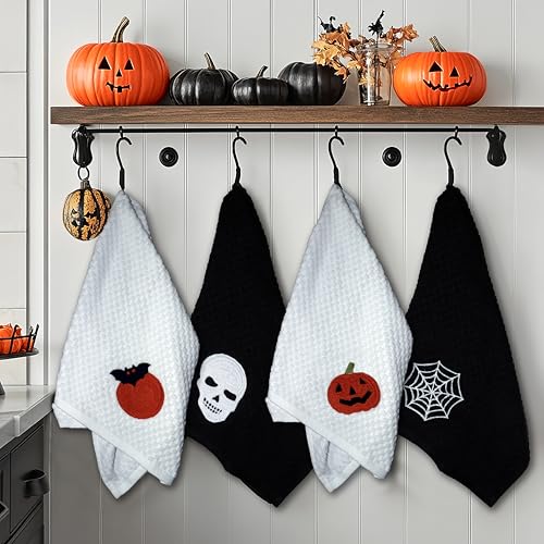 COTTON CRAFT Halloween Kitchen Towel -100% Cotton 4 Pack Waffle Terry Towel | Spooky Skull Web Bats Jack O'Lantern Embroidered Terry Kitchen Hand Towel Set -16x28 Soft Absorbent Dish Towel Cleaning Cloth - color: Black, size: 4 Pack
