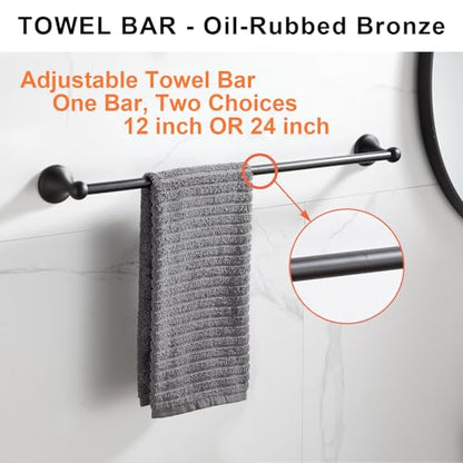 BGL Bathroom Hardware Set, Oil-Rubbed Bronze Adjustable Expandable Towel Bar 4-Piece ORB Bathroom Accessory Set Wall Mounted Robe Hook Toilet Paper Holder Towel Ring Towel Bar - color: Oil-rubbed Bronze