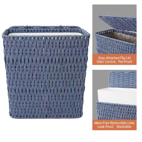 Coeusy 3 Gallon Paper Rope Bathroom Trash Can,Small Wicker Trash Cans with Lid and Liner,Woven Rattan Narrow Waste Basket for Bedroom,Office,Blue - color: Blue