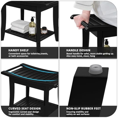 Bamboo Shower Stool Bench Waterproof with Storage Shelf for Shaving Legs or Spa Bath Seat in Bathroom & Inside Shower for Adults Seniors Elderly (24 x 13.4 x 18.5 inches+Black) - size: 24 x 13.4 x 18.5 inches+Black