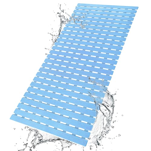 BEMISO Shower Mat Non Slip Bathtub Mat 37.4 x 15.7 Inch Bath Mat for Tub | Suction Cups,Drain Holes,Easy Dry,Easy to Cut,Eco-Friendly - color: Blue, size: 37.4 x 15.7 inches