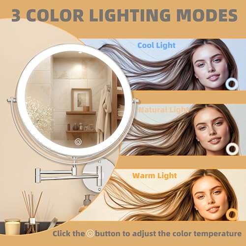 Wall Mounted Lighted Makeup Mirror with Extended Arm for Bathroom | Round 8.5 Inch Double Side 1X/10X Magnifying, 360° Swivel, 19.7 Inch Extended Arm, 3 Color Lights Dimmable, Rechargeable - color: Chrome