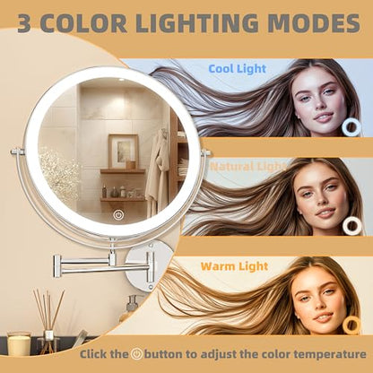 Wall Mounted Lighted Makeup Mirror with Extended Arm for Bathroom | Round 8.5 Inch Double Side 1X/10X Magnifying, 360° Swivel, 19.7 Inch Extended Arm, 3 Color Lights Dimmable, Rechargeable - color: Chrome