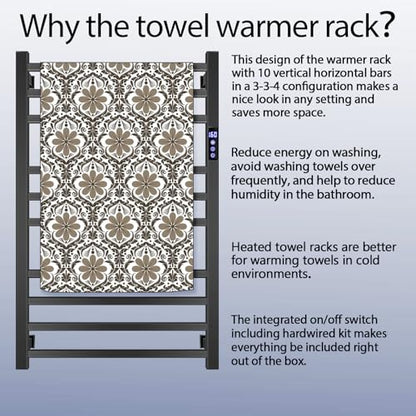 XBVV Black Towel Warmer Rack for Bathroom with Timer/Fahrenheit Display Electric Heated 10 Bars Drying Rail Plug-in or Hardwired Wall Mounted Heating Bath Towel Warming(Matte Black) - color: Matte Black