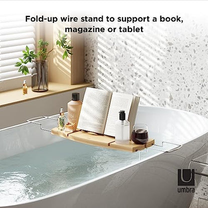 Umbra Aquala Bath Caddy, Extendable Bathtub Tray with Phone Holder, Natural | Bamboo, non-slip silicone arms, fits most tubs, waterproof, holds book and wine glass - color: Natural