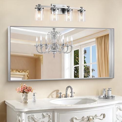 CIRCUMI Silver Bathroom Mirror, 24"x48" Rectangular Mirror for Vanity | Deep Metal Frame, Brushed Finish, Shatter proof, Tempered Glass, Installed Vertically/Horizontally, Mirror for Wall,Over Sink - color: Squared Corner Silver, size: 48"L x 24"W