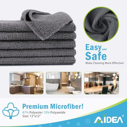 AIDEA Microfiber Cleaning Cloth Grey-50PK, Soft Absorbent Rags, Microfiber Towels for Cars, Kitchen Towels, Dusting Cloth for Home, Window, Cleaning Supplies, 12"×12" - color: Grey