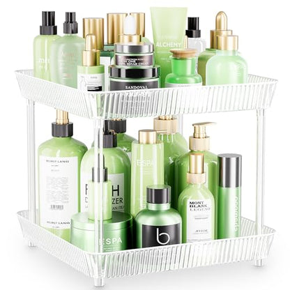 2 Tier Lazy Susan Bathroom Countertop Organizer, 360° Clear Rotating Square Storage Tray, Cosmetics and Perfume Organizer, Spinning Storage Tray Vanity Organizer Shelf for Bathroom Cabinet, Kitchen - size: 2 Tier /10.6 In Square