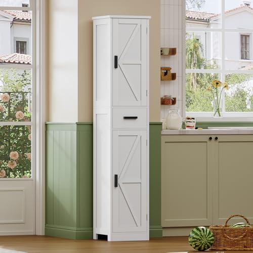 TEENFON 67 Tall Bathroom Cabinet with 6 Shelves & 1 Drawer, Narrow Storage Cabinet with Adjustable Shelves, Silm Cabinet for Living Room, Kitchen, White - color: White-2