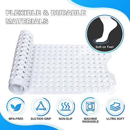 Bathtub and Shower Mats, 40x16 Inch Extra Large Non Slip Soft Bath Tub Mat with Suction Cups and Drain Holes for Bathroom Floor and Keep Tubs Clean, Machine Washable, White - color: White