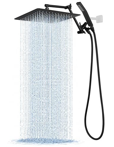G-Promise All Metal 12 Inches Rainfall Shower Head with Handheld Combo | All Metal, Built to Last, Easy Install, Adjustable Height & Angle for All Heights, Extra Long Hose, Modern Upgrade - color: Matte Black, size: 12 Inches