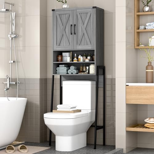 Vabches Metal Frame Over The Toilet Storage Cabinet, Wash Grey | Farmhouse Over Toilet Storage Cabinet with 2 Barn Doors, Home Space-Saving Toilet Rack for Bathroom, Toilet, Laundry Room - color: Wash Grey, style: Iron frame