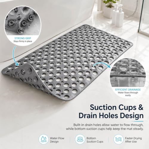Casa and Beyond Shower Mat, Secure Shower Mat-Non-Slip, Washable Non-Slip Bathtub Mats, with Suction Cups and Drain Holes, Soft Textured Design, Easy to Clean for Bathroom (Grey, 20.9" x 20.9") - color: Grey, size: 20.9" x 20.9" (Rectangular)