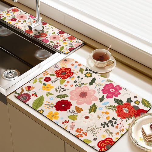 19.5" x 12" Dish Drying Mat & 24" x 5.5" Sink Splash Guard, Super Absorbent Drainer Rack Mat for Kitchen Counter Coffee Bar - color: Pink, size: 19.5"*12"+24"*5.5"