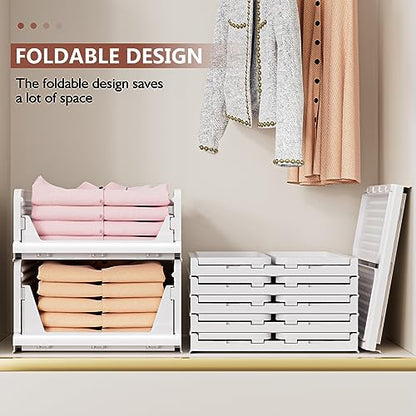 4 Pack Folding Closet Organizers Storage Box, Stackable Storage Bins, Plastic Drawer Basket Closet Storage for Wardrobe Cupboard Kitchen Bathroom Office White-4L | White Stackable Plastic Drawer Bins for Closets, Wardrobes, Kitchens, Bathrooms, Offices -