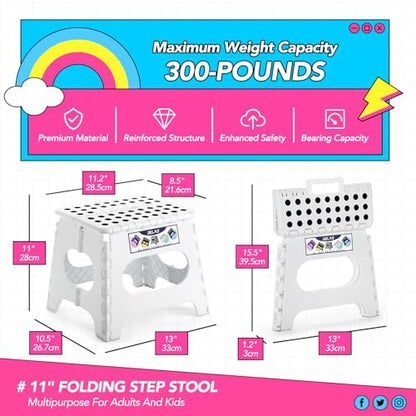 Delxo Folding Step Stool,11 Inch Non-Slip Foldable Step Stools for Kids and Adults,Portable Foldable Step Stool Lightweight Small Folding Stool with Handle for Kitchen Bathroom in White,1 Pack | Foldable Step Stool 11",Non-Slip Foot Stools with Handle,Lig