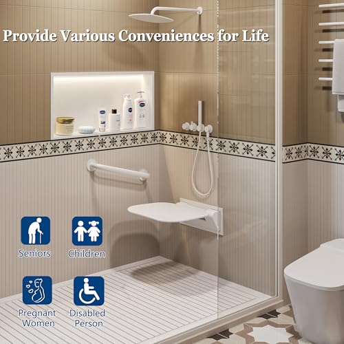 White Folding Shower Seat with Bistable Embedded Bracket | 15.7" Wide Shower Chair,Space-Saving Fold,Waterproof,440lb Capacity,Sturdy and Safety Bench for Adults - color: White