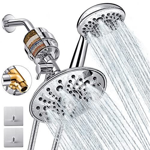 Dual Filtered Shower Head Showerhead 79" Hose Handheld Sprayer Combo, Filtration Rain Rainfall, 20 Stage Water Filter for Chlorine Well Hair Dry Skin, Metal Diverter, Chrome, (DSFC04, round, 8") - style: Dual Shower & Filter Combo (DSFC04)