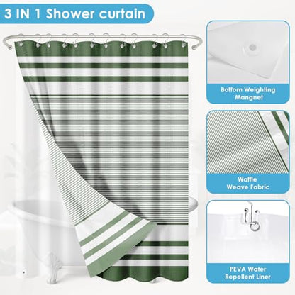 3 in 1 Shower Curtain and Liner,72 x 72 inch, Striped Green | Modern Rustic Grey Modern Double Layers Waterproof Fabric with See Through Top Window Open Grommet Bath Curtain - color: Green Striped