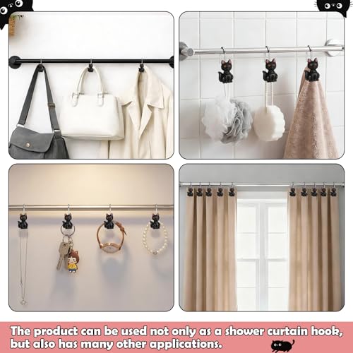Novabright 12 Pcs Decorative Shower Curtain Hooks Cute Cat Shower Curtain Rings 2.4 Inch Handcraft Resin Cat Hooks for Bathroom 3.8 mm Metal Wire Smooth Sliding Hangers(Cute Style,Black)