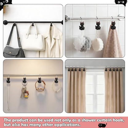Novabright 12 Pcs Decorative Shower Curtain Hooks Cute Cat Shower Curtain Rings 2.4 Inch Handcraft Resin Cat Hooks for Bathroom 3.8 mm Metal Wire Smooth Sliding Hangers(Cute Style,Black)