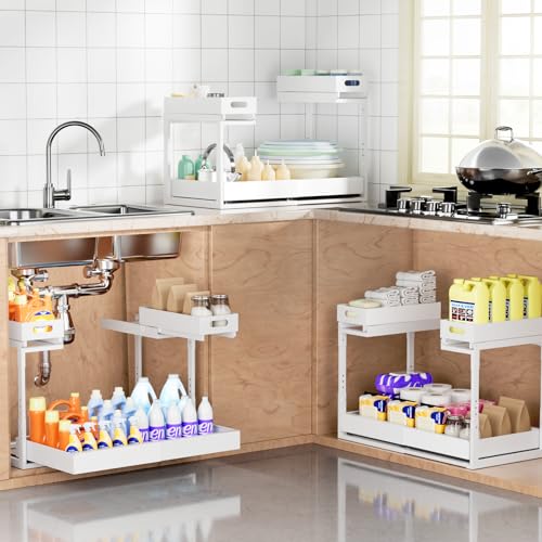 Upgrade 1 Pack Expandable Under Sink Organizer: 2-Tier Pull Out Cabinet with 3 Heavy-Duty Ball-Bearing Slide Rails, Tool-Free Height Adjustable, Slide-Out Drawers for Kitchen, Bathroom, Laundry - size: 1 Pack 15”-25”