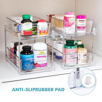2 Pack Clear Bathroom Organizers and Storage, 2 Tier Pull Out Under Sink Cabinet Organizer Plastic Drawer Organization and Storage for Bathroom and Kitchen - size: 2 PACK