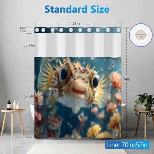 No Hook Shower Curtain and Liner Set, Sea Fish Waterproof Fabric Shower Curtain No Hooks with Snap in Liner, 71x74 Inches Easy Hang Shower Curtains for Bathroom with Mesh Top Window and Weighted Hem - color: Fish