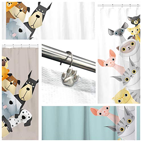Sunlit Fashion Design Cute Paw Print Polished Shower Curtain Hooks for Dog Cat and Bear, Rust Proof Oil Rubbed Metal Shower Curtain Rings-12 Pack - color: Silver