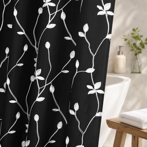 Embroidered Leaf Farmhouse Shower Curtain,Faux Linen,72Wx72L,Black | Boho Modern Shower Curtain Set, Washable & Waterproof Fabric, Floral Shower Curtains for Bathroom with Hooks - color: Black