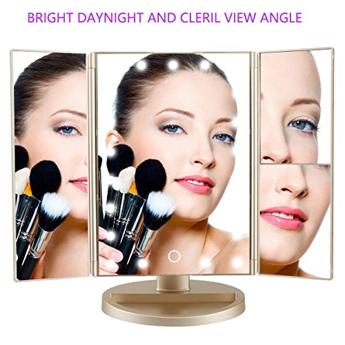 Flymiro Tri-fold Lighted Vanity Makeup Mirror with 3x/2x/1x Magnification, 21Leds Light and Touch Screen,180 Degree Free Rotation Countertop Cosmetic Mirror,Travel Makeup Mirror (Gold) - color: Gold