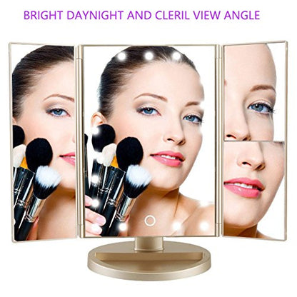 Flymiro Tri-fold Lighted Vanity Makeup Mirror with 3x/2x/1x Magnification, 21Leds Light and Touch Screen,180 Degree Free Rotation Countertop Cosmetic Mirror,Travel Makeup Mirror (Gold) - color: Gold