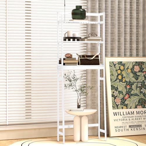 BAMBANG Over The Toilet Storage Rack, 3-Tier Over The Toilet Storage Shelf with 3 Hooks, Freestanding Above Toilet Bathroom Organizer Shelves for Space Saver Storage, Bamboo White