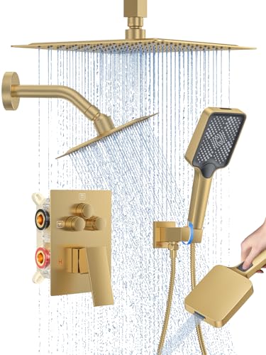 Woindo Shower Faucet Set, 10" Ceiling Mount Rainfall Shower System with 2 Rain Shower Head and Multi-function Handheld Head Push Button Diverter Shower Faucet Trim Kit - color: Brushed Gold, style: 10"-Ceiling-01