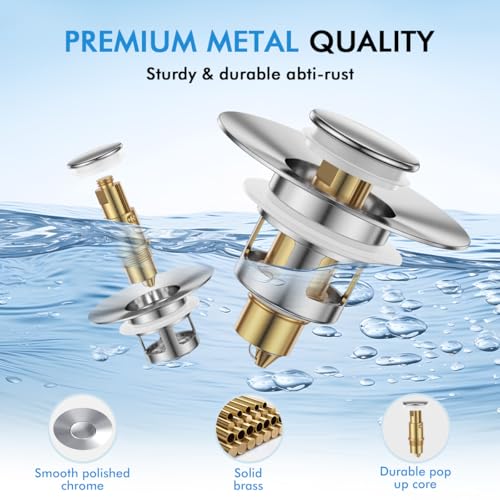 Bathroom Sink Stopper, Pop Up Drain Stopper with Overflow, Premium Metal Chrome and Brass Construction, Easy Installation, No Plumber Required
